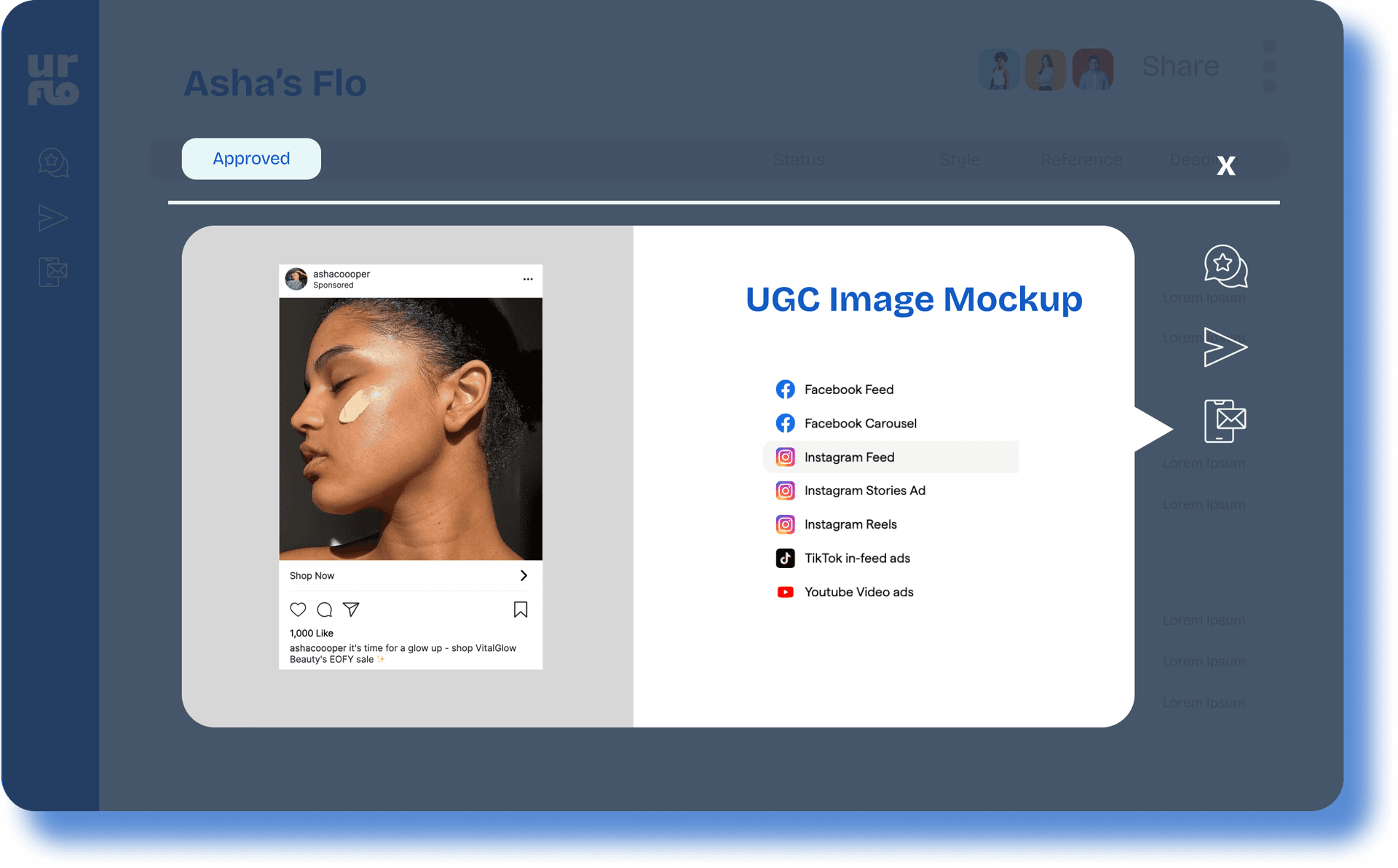 Creator asset library mockup with social media page views